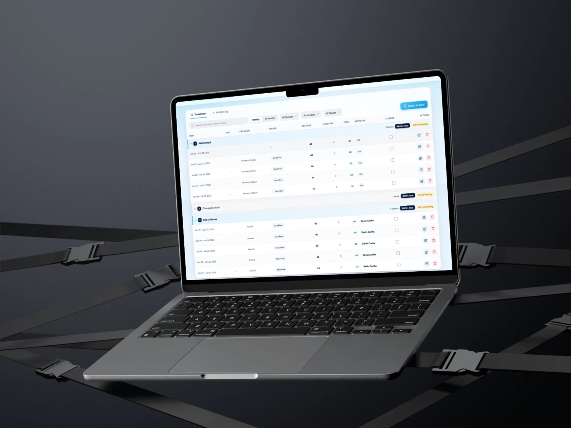 Timesheet Automation dashboard shown on a laptop mockup, showing processed timesheets, pending hours, and export controls